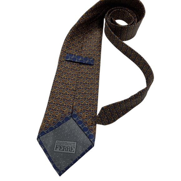 GIANFRANCO FERRE Navy/Gold Geometric Silk LUXURY Tie ITALY - Picture 2 of 4